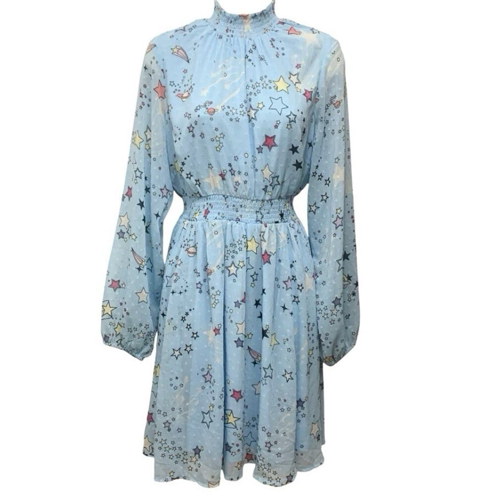 Torrid Cosmic Stars Dress Size 00 M/L Blue Celestial Mock Neck Smocked Waist NWT